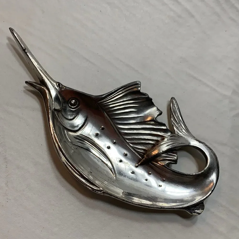 WB Manufacturing Co 133 Swordfish Trinket Holder Vintage Silver Plated Metal